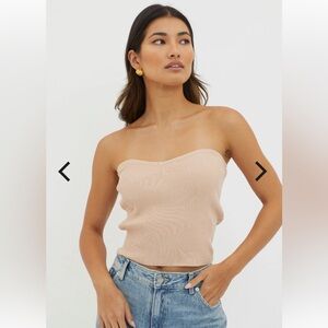 Elegant Beige Strapless Ribbed Top